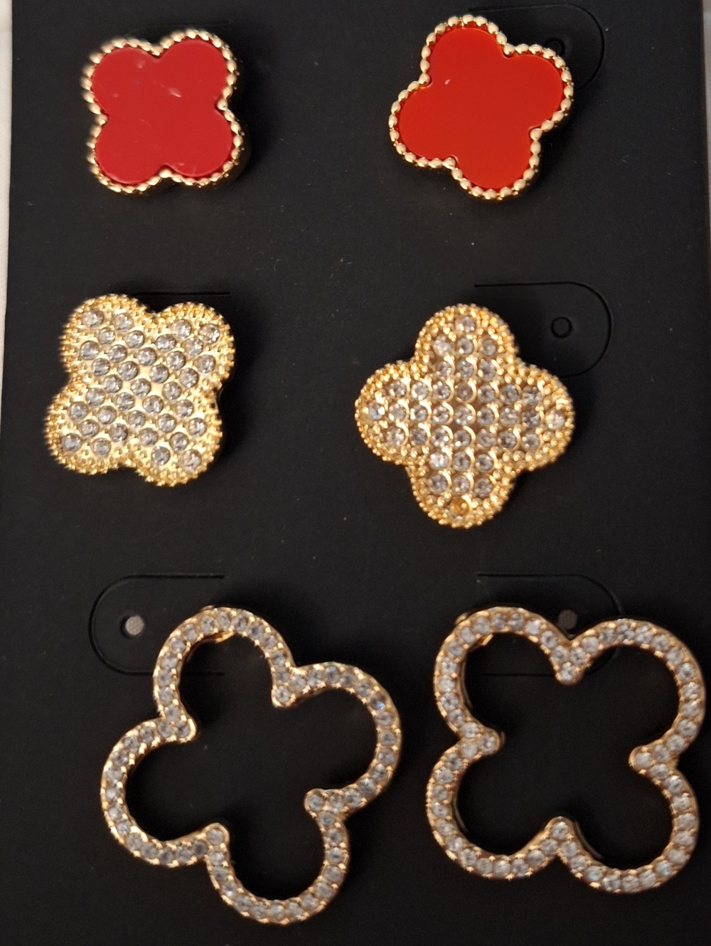 NWT Noir Set of 3 Fashion Earrings Gold Black And Red With Rhinestones